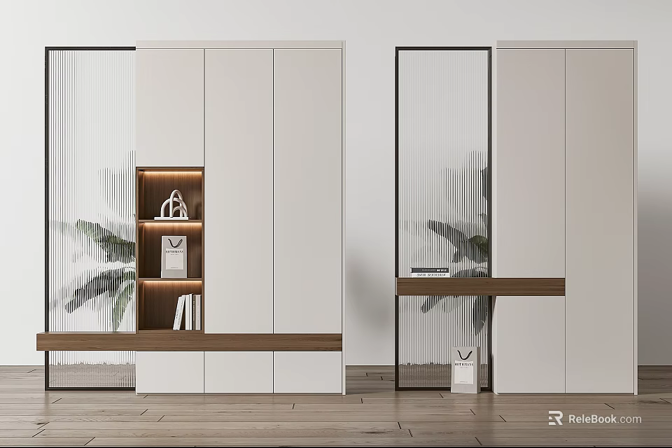 Modern Minimalist Bookcase With Glass Doors Wooden Shelves And Decorative Items 3d model 