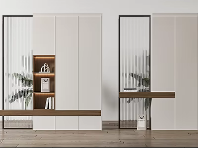 Modern Minimalist Bookcase With Glass Doors Wooden Shelves And Decorative Items 3d model
