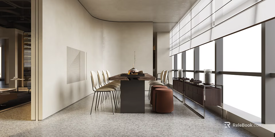 Modern Teahouse Interior With Long Table Chairs Window Side Cabinet And Natural Light 3d model