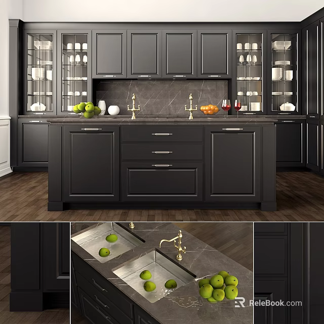Modern Kitchen Interior With Black Cabinets Marble Countertop And Glass Displays 3d model 