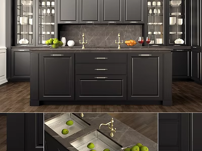 Modern Kitchen Interior With Black Cabinets Marble Countertop And Glass Displays 3d model