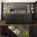 Modern Kitchen Interior With Black Cabinets Marble Countertop And Glass Displays