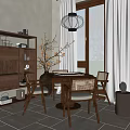 Modern Entertainment Room with Wooden Bookshelf Lantern Pendant Light Natural Light Table and Chairs