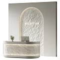 Modern Reception Area With Arched Stone Wall White Curved Counter Laptop And Small Plant