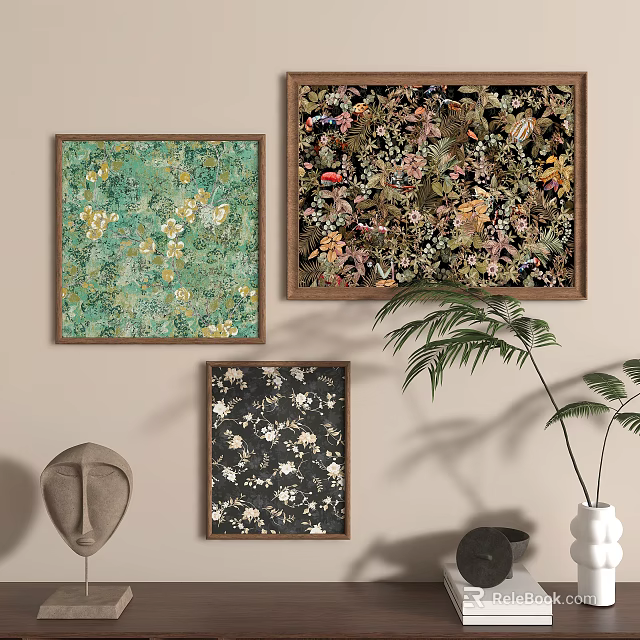 Three Framed Abstract Paintings With Floral Patterns On Colored Backgrounds For Wall Decor 3d model 