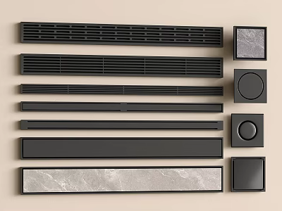 Modern Bathroom Accessories With Black Drain Covers And Marble Strip Designs 3d model