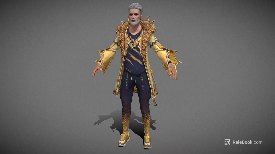 Game Movie Character With Gray Hair Beard Ornate Golden Decor Outfit Dark Pants Golden Shoes 3d model 