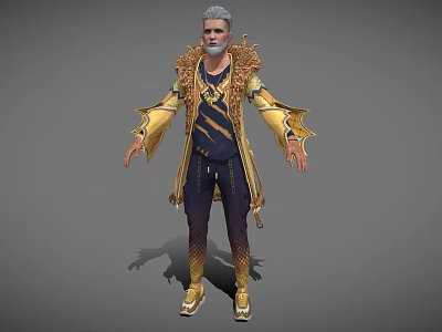 Game Movie Character With Gray Hair Beard Ornate Golden Decor Outfit Dark Pants Golden Shoes 3d model