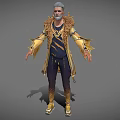 Game Movie Character With Gray Hair Beard Ornate Golden Decor Outfit Dark Pants Golden Shoes