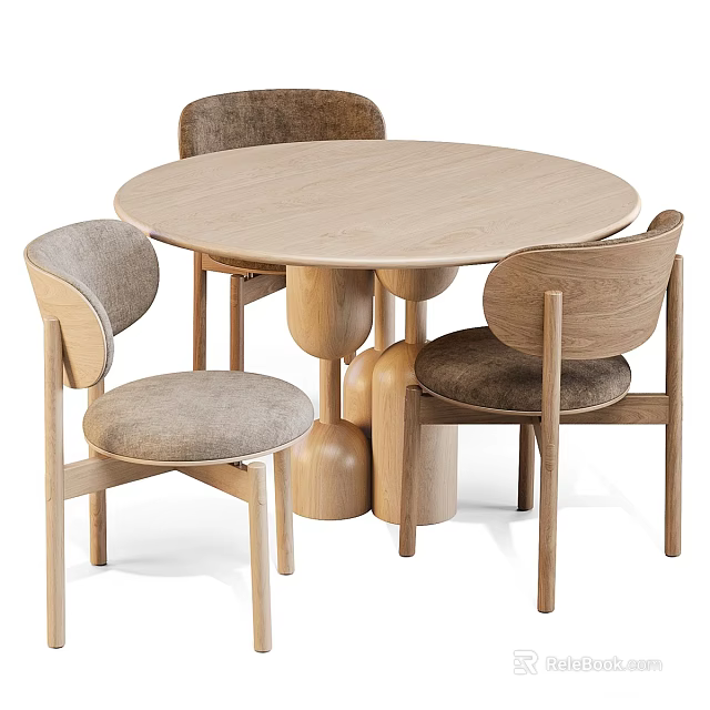 Round Wooden Dining Table Set With Upholstered Seats And Wooden Frame Chairs 3d model 