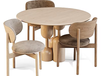 Round Wooden Dining Table Set With Upholstered Seats And Wooden Frame Chairs 3d model