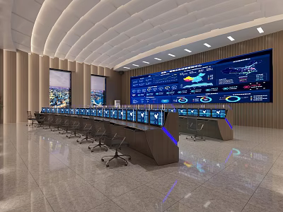 Spacious Modern Control Room With Large Monitoring Screens Control Desks And Ergonomic Chairs 3d model