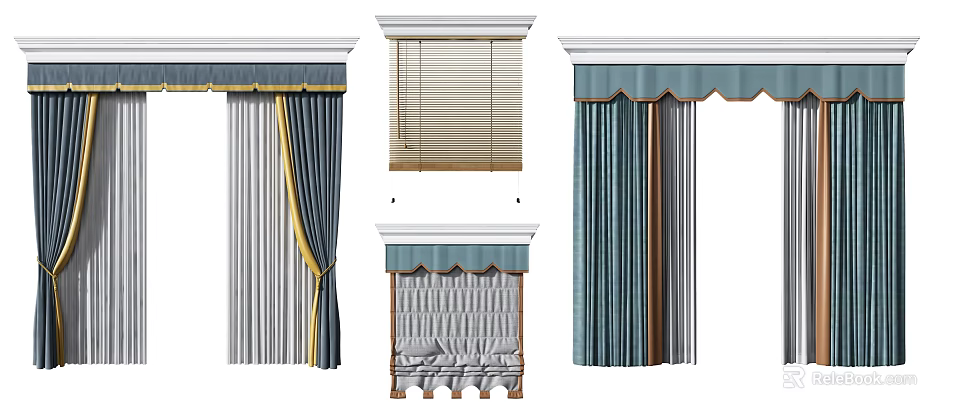 Different Curtain Styles With Ruffled Valance Blinds And Fabric Designs For Home 3d model 