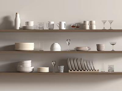 Stylish Tableware Collection With Plates Mugs Glasses And Cutlery On Wooden Shelves 3d model