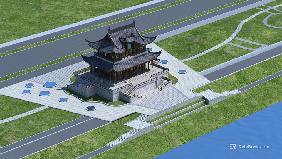 Ancient Chinese Architecture With Multi Tiered Roof Wooden Structure Plaza Pathways Grassland And Water 3d model 