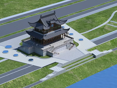 Ancient Chinese Architecture With Multi Tiered Roof Wooden Structure Plaza Pathways Grassland And Water 3d model
