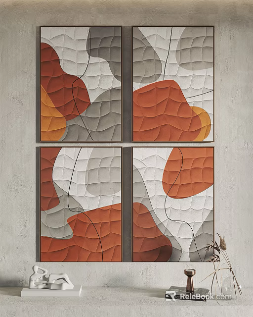 Modern Abstract Wall Art With Geometric Patterns In Orange Grey White Tones 3d model