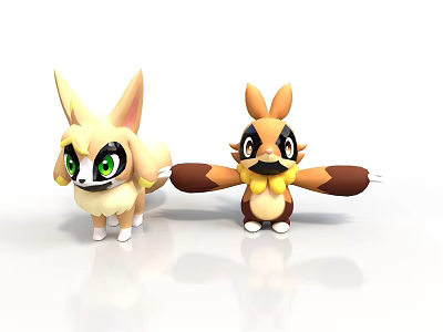 Cute Beige Brown Yellow Animal Cartoon Characters With Big Ears Green Eyes And Open Arms 3d model