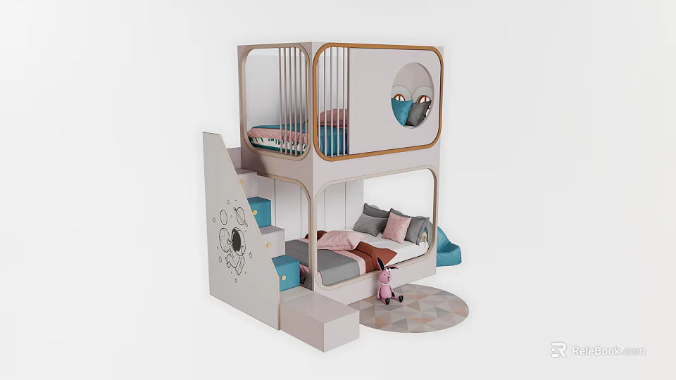 Kids Bunk Bed Design With Pastel Colors Staircase Storage Lower Mattress Pillows And Doll Rug 3d model 