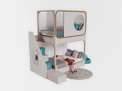 Kids Bunk Bed Design With Pastel Colors Staircase Storage Lower Mattress Pillows And Doll Rug 3d model