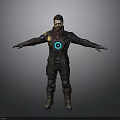 Futuristic Male Character In Metallic Armor With Blue Circular Emblem And Outstretched Arms