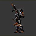 Sci Fi Robot Character With Mechanical Armor Holding Orange Rifle And Green Accents
