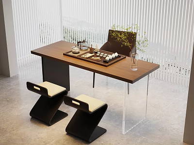 Modern Wooden Tea Table with Upholstered Stools and Tea Set in Interior Setting 3d model