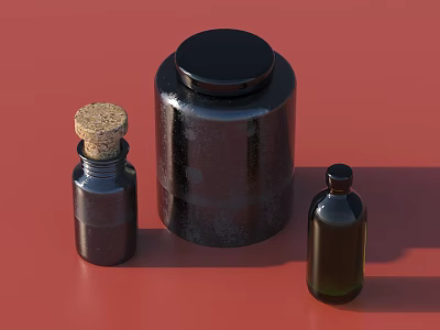 Stylish Ceramic Vessels in Various Sizes with Cork Stopper and Black Lids on Red Background 3d model