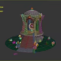 Gray Gazebo With Golden Top Decoration Green Grass White Flowers And Steps