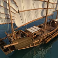 Wooden Ship With Large Sails And Flag Sailing On Blue Ocean