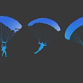 Multiple People Skydiving with Blue Parachutes in Silhouette Various Poses