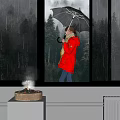 Woman Wearing Red Coat Holding Umbrella Standing By Window With Forest Outside And Fireplace Inside