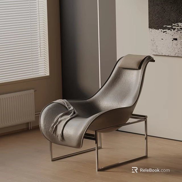 Modern Silver Leather Accent Chair with Metal Frame in Interior with Window Blinds and Wall Art 3d model 