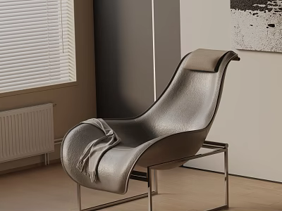 Modern Silver Leather Accent Chair with Metal Frame in Interior with Window Blinds and Wall Art 3d model