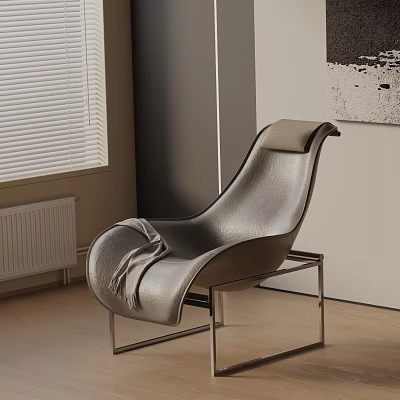 Modern Silver Leather Accent Chair with Metal Frame in Interior with Window Blinds and Wall Art 3d model