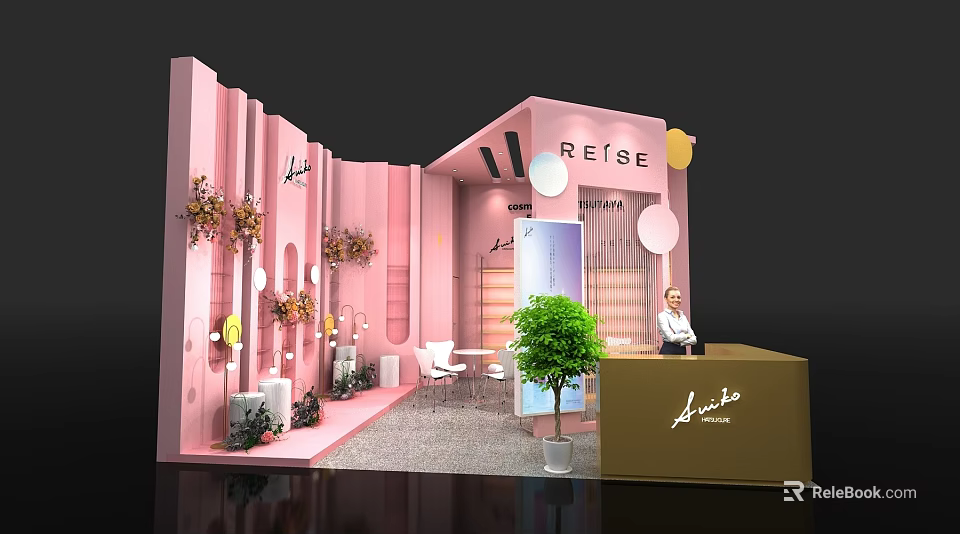 Pink Modern Exhibition Booth With Green Plants Flower Decorations And Reception Counter 3d model 