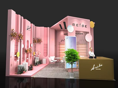 Pink Modern Exhibition Booth With Green Plants Flower Decorations And Reception Counter 3d model