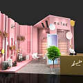 Pink Modern Exhibition Booth With Green Plants Flower Decorations And Reception Counter