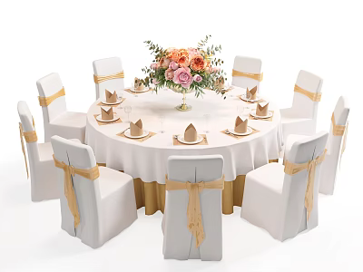 Banquet Hall Setup With Round White Tablecloth Flower Bouquet And Gold Ribbon Chairs 3d model