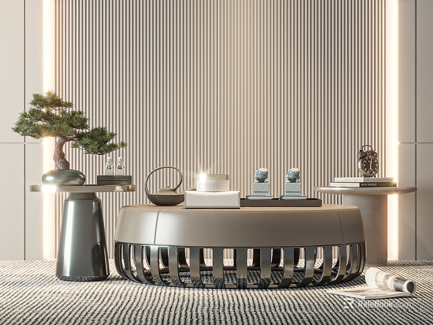 Modern Round Coffee Table With Metal Frame Bonsai Books Decorative Items And Side Table 3d model 