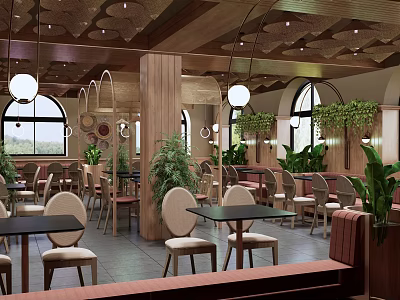 Restaurant Interior Design With Arched Windows Wooden Columns Pendant Lights And Green Plants 3d model