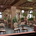 Restaurant Interior Design With Arched Windows Wooden Columns Pendant Lights And Green Plants
