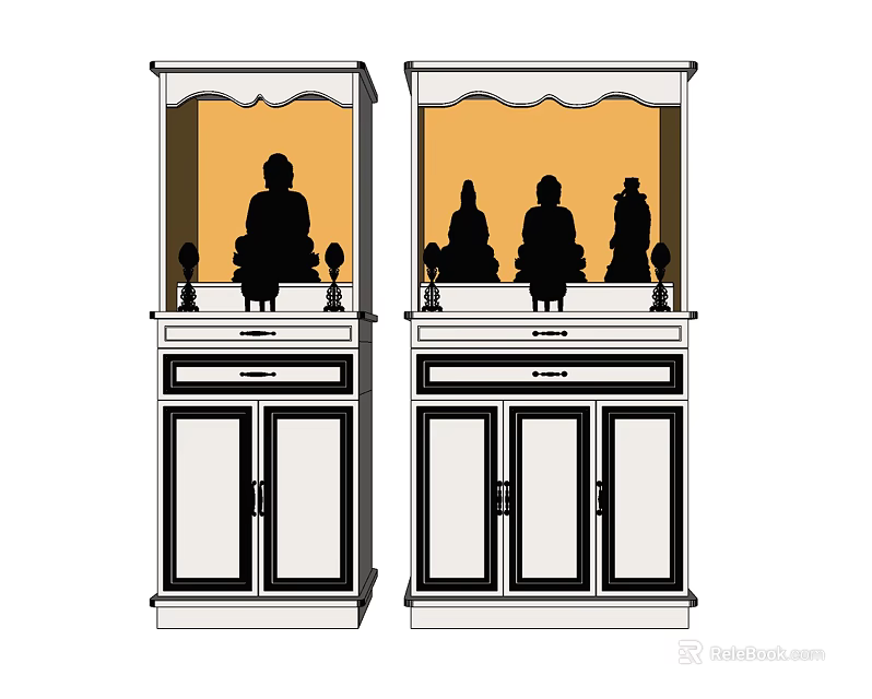Traditional Buddhist Shrine Cabinet With Buddha Statues Drawers And Cabinet Doors 3d model 