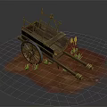 Vintage Wooden Cart With Wheels On Muddy Ground Surrounded By Flowers And Grass