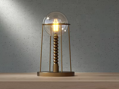 Lit Brass Candle Lamp With Glass Globe And Spiral Wick On Wooden Tabletop 3d model