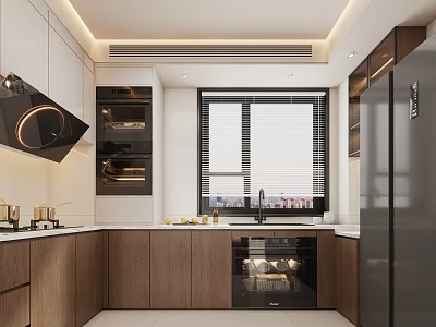 Modern Sleek Two Tone Kitchen Interior With Built In Appliances And Large Bright Window 3d model