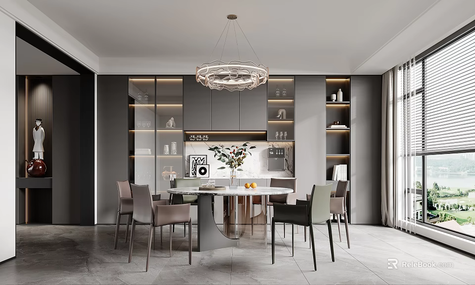 Modern Restaurant Interior With Dining Table Chairs Pendant Light And Open Kitchen 3d model