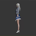 3D School Girl Character Blue White Uniform With Gray Hair Pleated Skirt And White Shoes