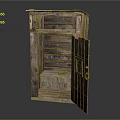 Old Worn Wooden Cabinet With Open Door And Vintage Layered Shelves