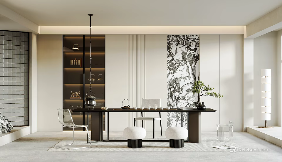 Modern Tea Room Interior Featuring Long Black Table White Chairs Wall Art And Display Cabinet 3d model 